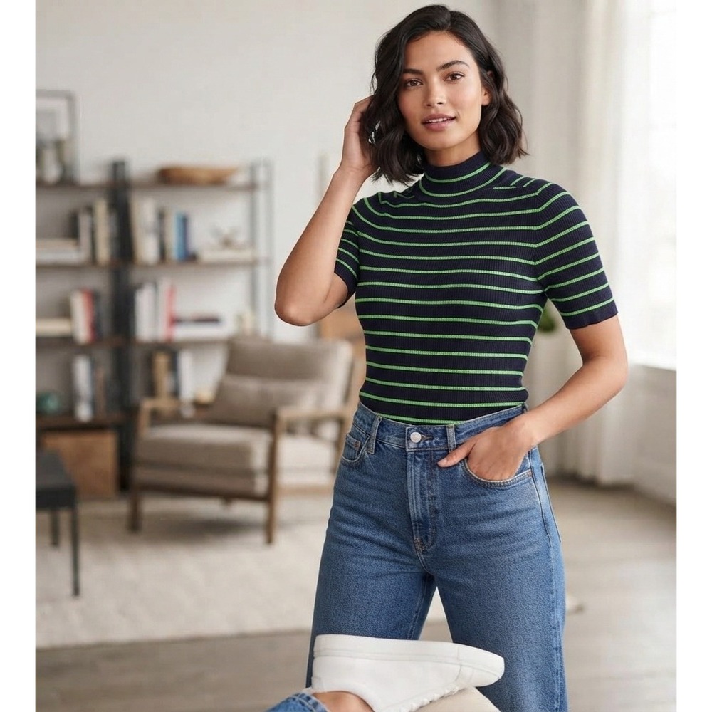 Free Assembly Cozy Mockneck Sweater Vivid Leaf Stripe Navy Lime XL FA017869FA25S